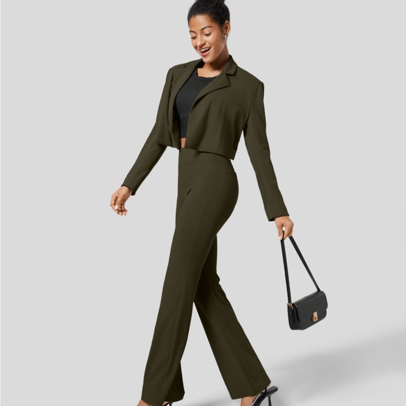 Halara Flex High Wasted Back Side Pocket Slightly Flare Work Pants Forest Green - Picture 5 of 6